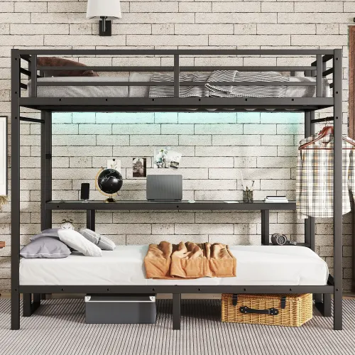Queen Over Twin XL Metal Bunk Bed Loft Bed with Desk and Shelves β photo 3