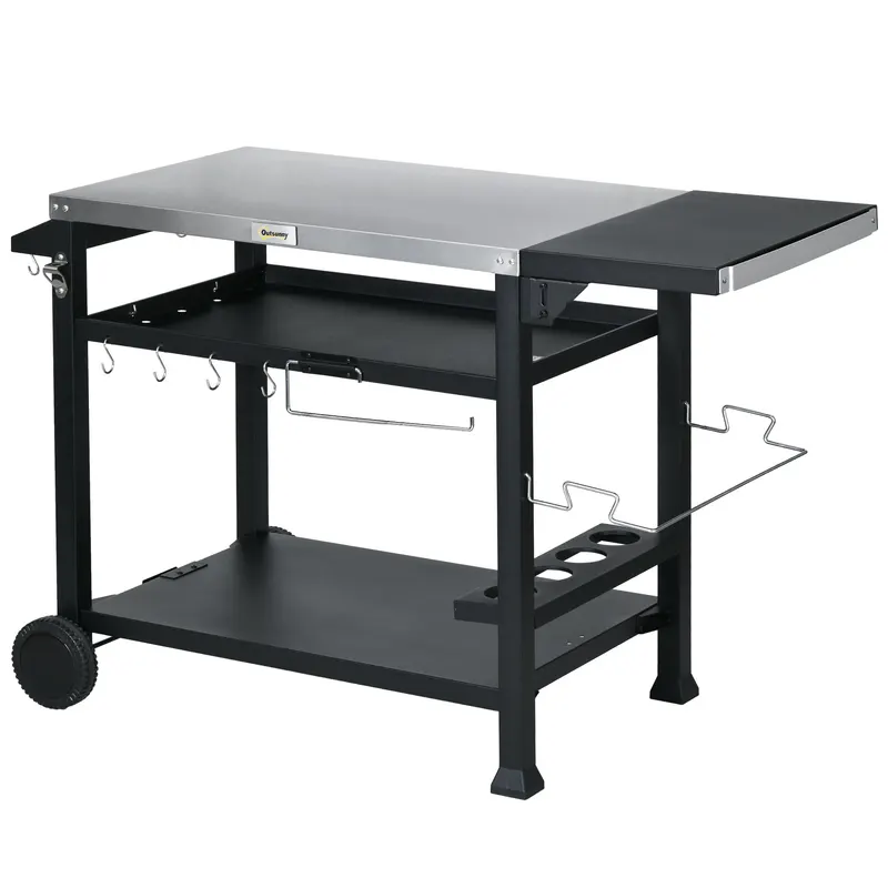 3-Shelf Outdoor Grill Cart Table with Foldable Side Table