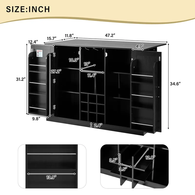 U-style 47.2 Kitchen Island with Drop Leaf & Power Outlet Wine — photo 3
