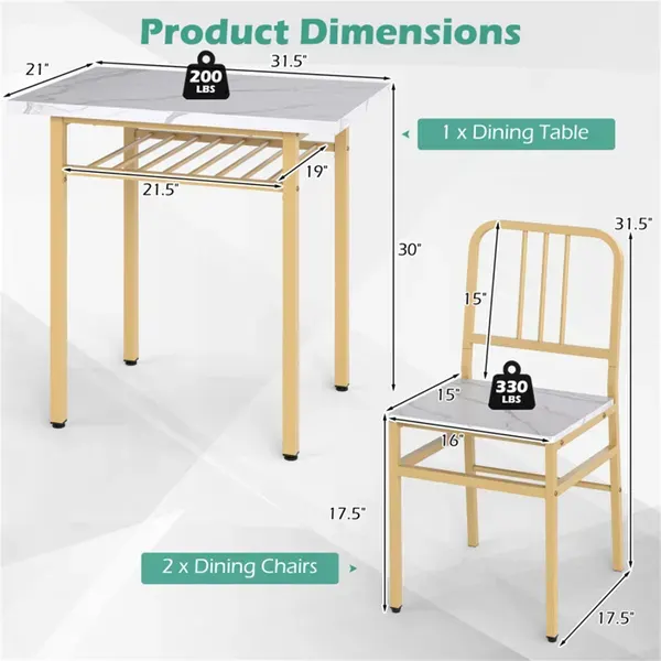 3-Piece Dining Table Set (white + Gold) β photo 5