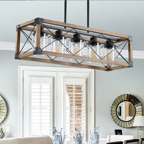 32 Inch Walnut Industrial Farmhouse Rectangle Pendant Light β photo 4