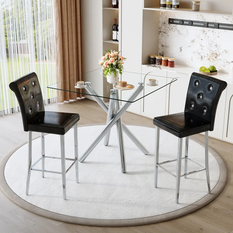 Modern Glass Bar Table and Fixed-height Bar Stools Set of 2