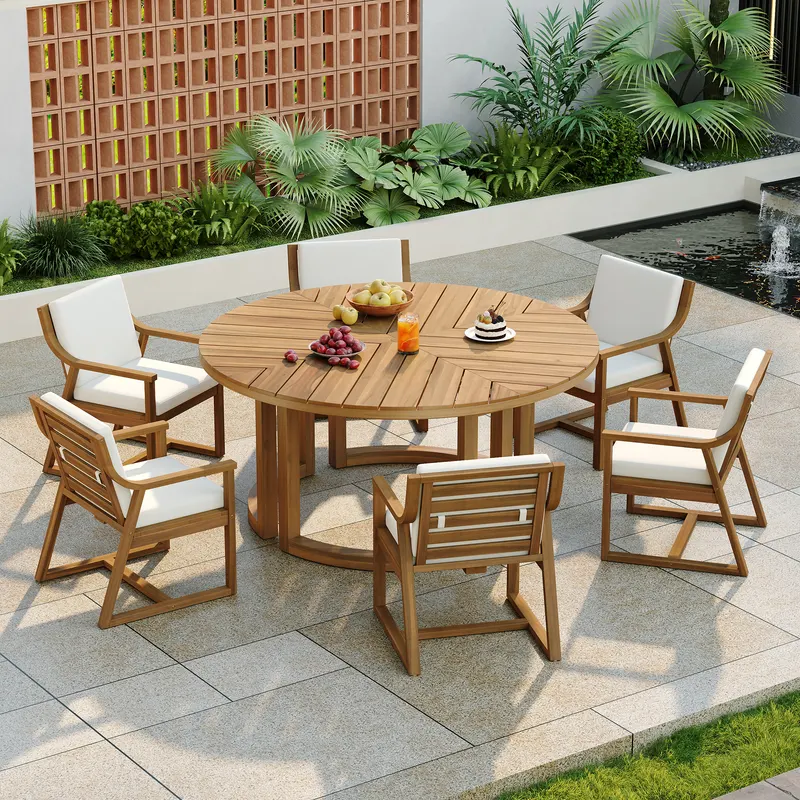 TREXM Patio Dining Table Set for 6 Round Dining Table with 1.96