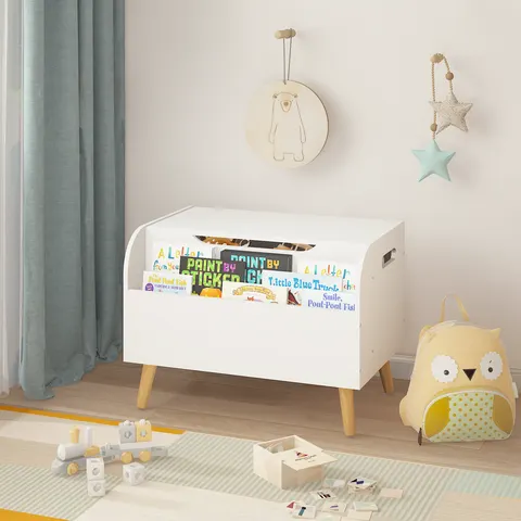 Wooden Toy Box — Kids Toy Storage Organizer with Front Bookshelf