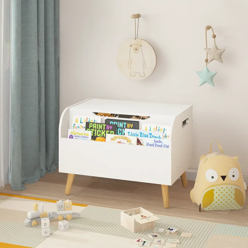 Wooden Toy Box — Kids Toy Storage Organizer with Front Bookshelf