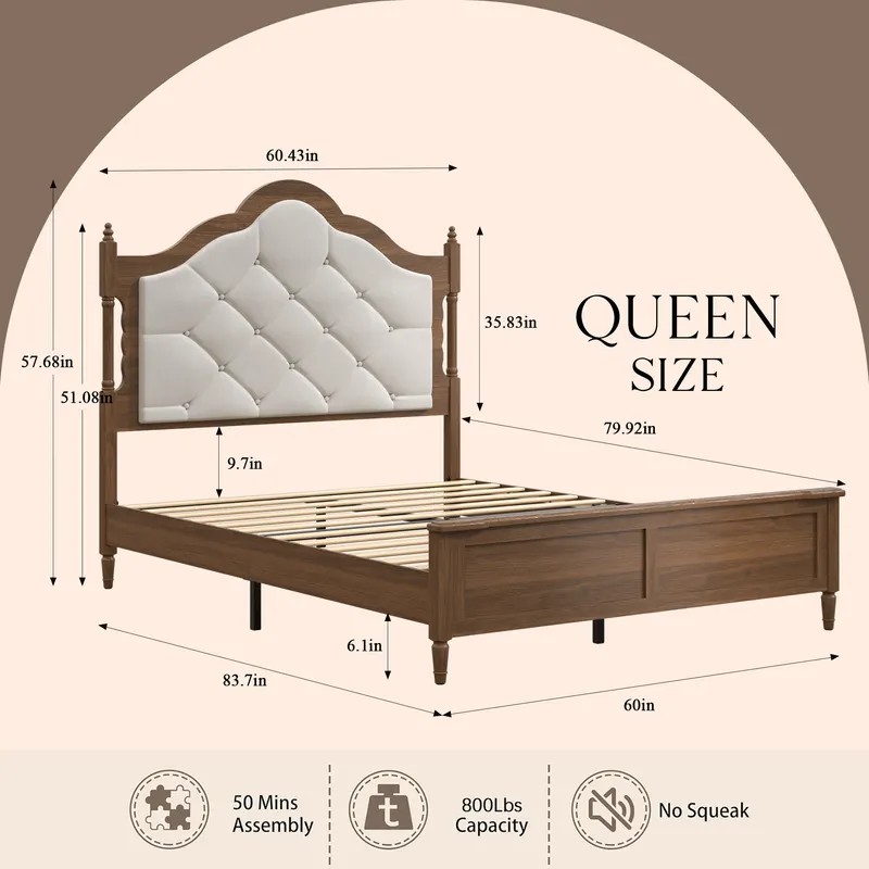 Queen Size Wood Bed Frame with Upholstered Headboard & Footboard — photo 3