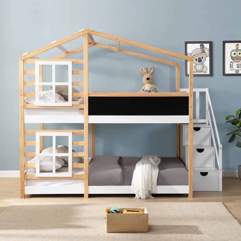 Full Over Full Bunk Bed House Bed with Roof Windows Blackboard — photo 3