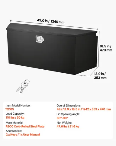 Trailer Tongue Box — 49" X 13.9" X 18.5" Steel Trailer Tongue