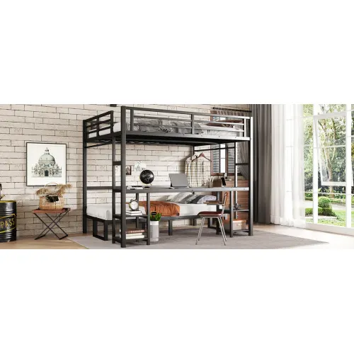 Queen Over Twin XL Metal Bunk Bed Loft Bed with Desk and Shelves β photo 5