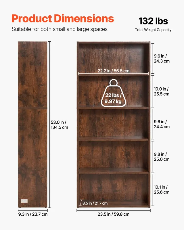 5 Tiers Narrow Bookshelf — 53 in Wooden Open Bookcase — photo 3