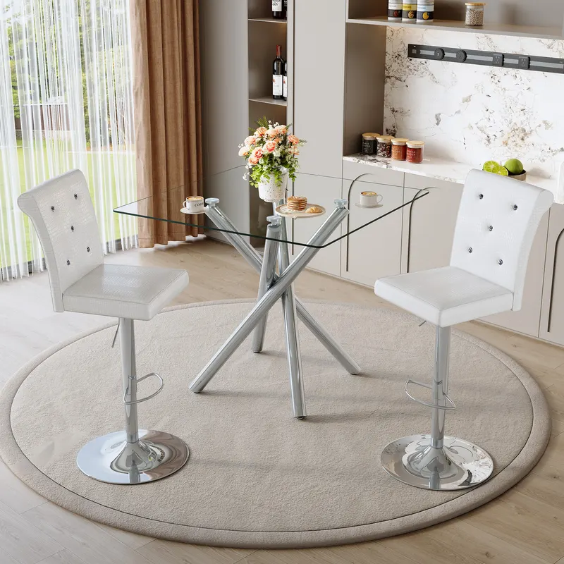 Modern Glass Bar Table and Adjustable Bar Stools Set of 2