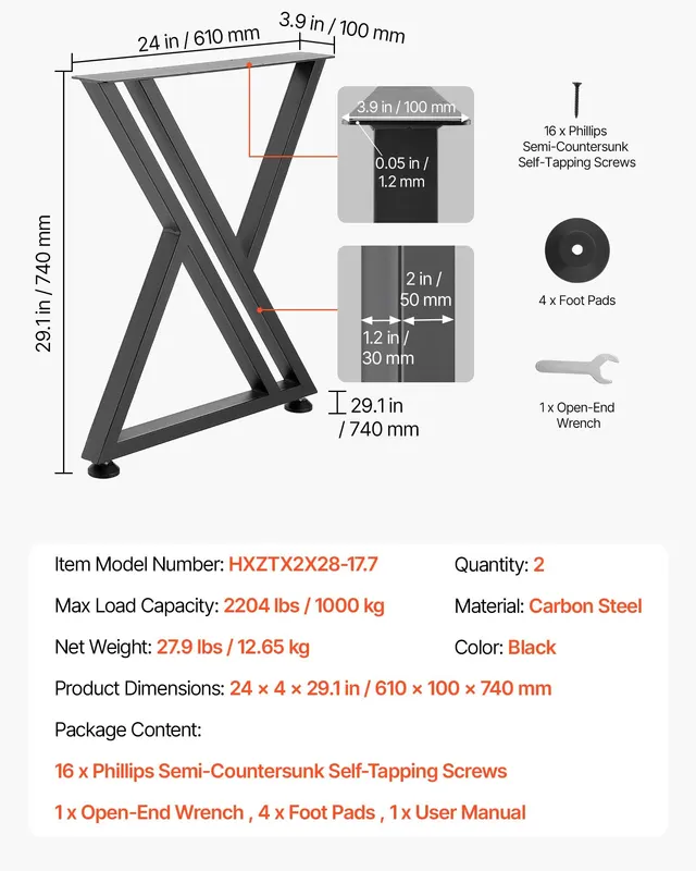 Table Legs — 29.1" H X 24" W Steel Furniture Legs — photo 3