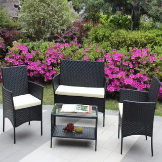 4 PC Rattan Patio Furniture Set Outdoor Patio Cushioned Seat