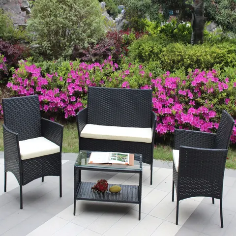 4 PC Rattan Patio Furniture Set Outdoor Patio Cushioned Seat