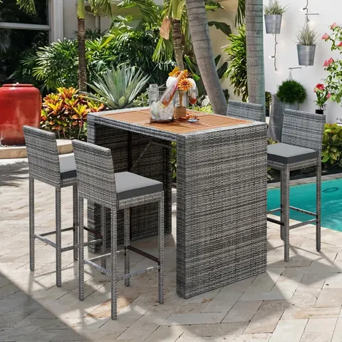 5-pieces Outdoor Patio Wicker Bar Set