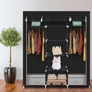 Portable Clothes Closet Non-woven Fabric Wardrobe Double Rod
