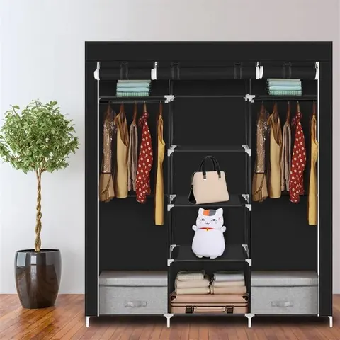 Portable Clothes Closet Non-woven Fabric Wardrobe Double Rod