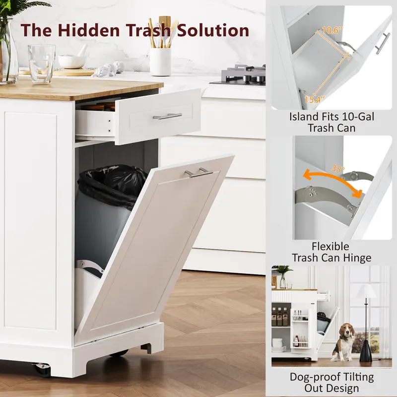 K & K Fluted Kitchen Island with Trash Can Storage Cabinet — photo 4