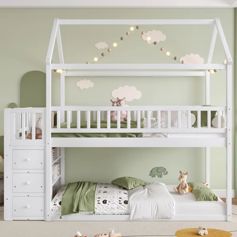 TWIN TWIN HOUSE BUNK BED WITH SHELVES AND DRAWERS FOR WHITE — photo 4