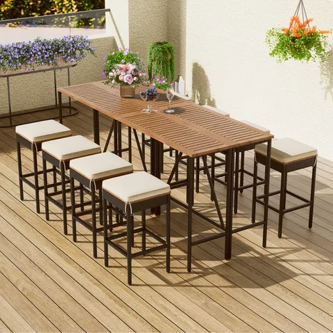 10-Piece Outdoor Acacia Wood Bar Height Table and Eight Stools