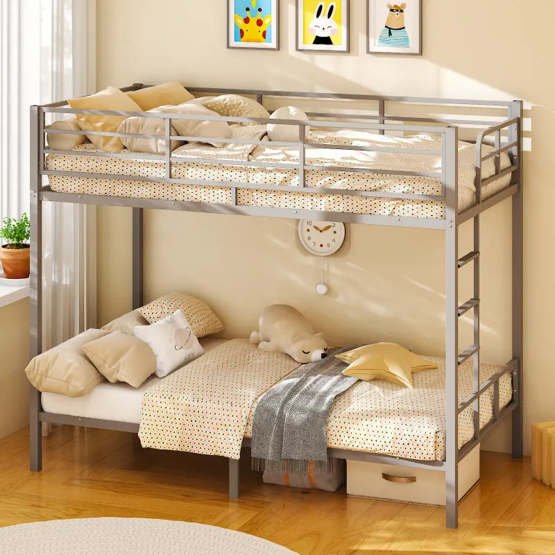 Grey Twin Bunk Bed Square Tube High Guardrail Side Ladder — photo 5