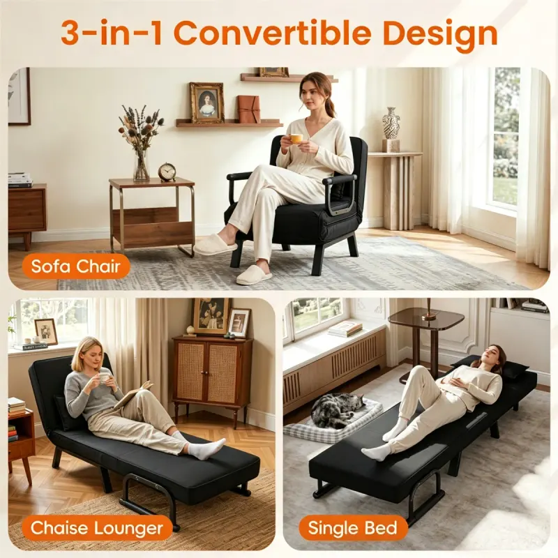 3-in-1 Convertible Sofa Bed — Adjustable Backrest Folding — photo 7