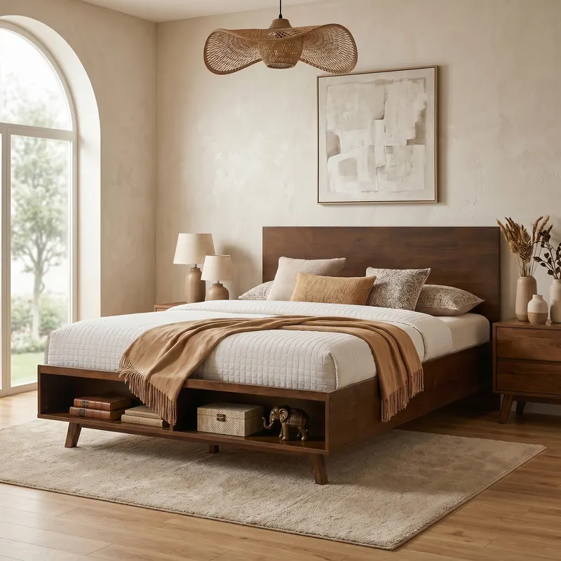Walnut King Size Platform Bed Frame with Footboard Storage Space