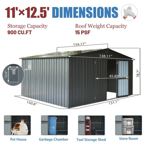 Storage Shed 11 X 12.5 with Galvanized Steel Frame Windows