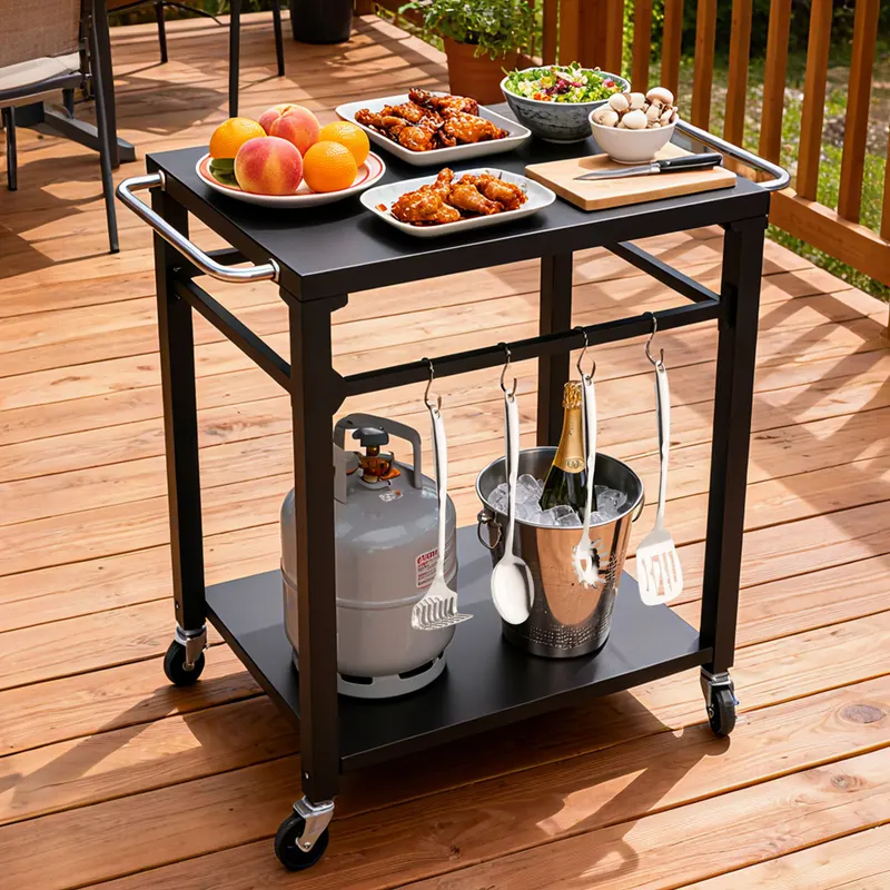 2-Tier Outdoor Grill Cart with Locking Wheels & Tool Hooks