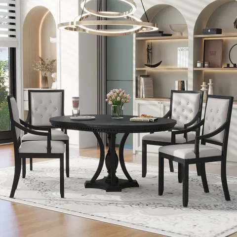 TREXM Retro 5-piece Dining Set Extendable Round Table and 4