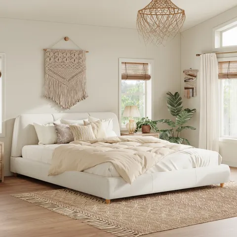 King Size Modern Upholstered Bed Frame with Linen Fabric