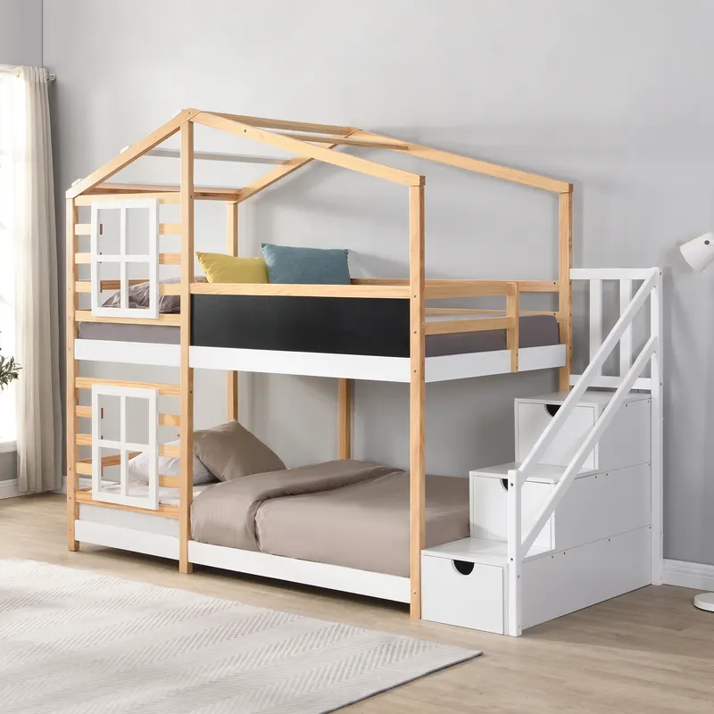 Twin Over Twin Bunk Bed House Bed with Roof Windows Blackboard
