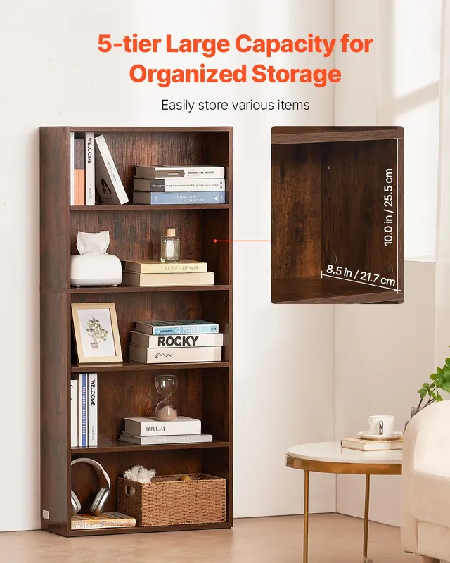 5 Tiers Narrow Bookshelf — 53 in Wooden Open Bookcase — photo 4
