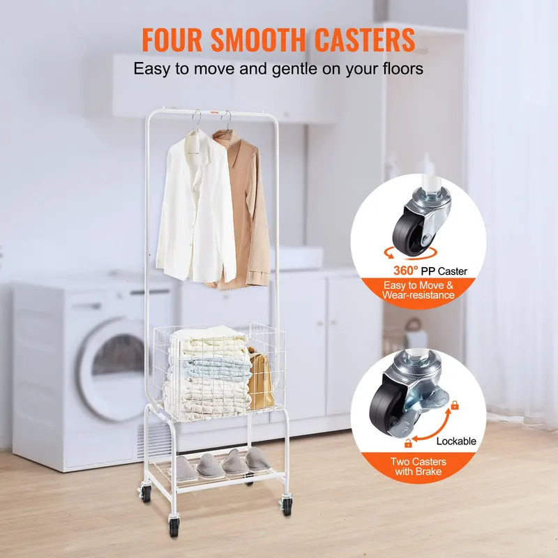 Metal Rolling Laundry Basket with Hanging Garment Rack — photo 2