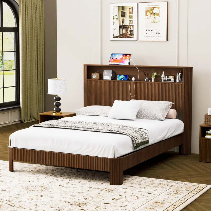 Queen Size Bed Frame with Storage Headboard
