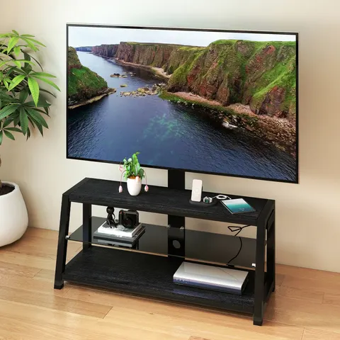 Wooden Storage TV Stand Black Tempered Glass Height Adjustable