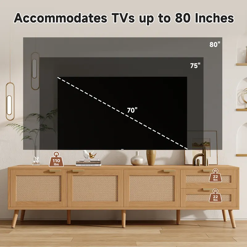 70inch Modern TV Stand with Rattan Doors for TVs Up to 80 β photo 6