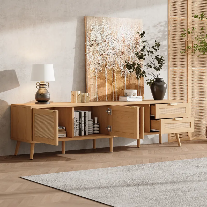70inch Modern TV Stand with Rattan Doors for TVs Up to 80 β photo 3