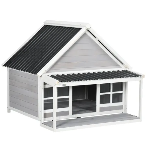 Wooden Dog House with Porch — Dog House Outdoor with Tilt Roof