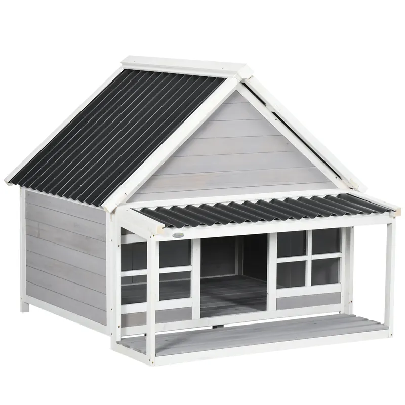 Wooden Dog House with Porch — Dog House Outdoor with Tilt Roof