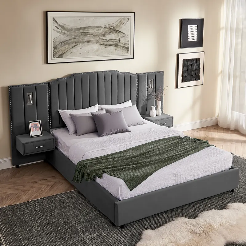 Queen Size Upholstered Bed Frame with Velvet Fabric — photo 5