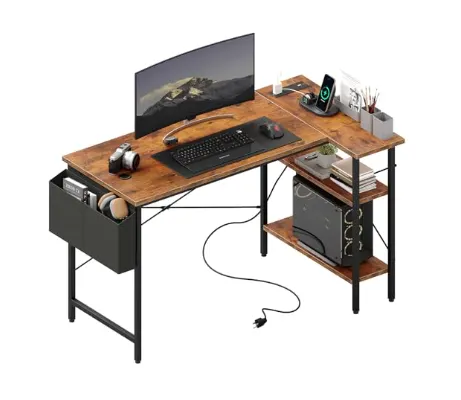 L-shaped Computer Desk with Power Socket and LED Light