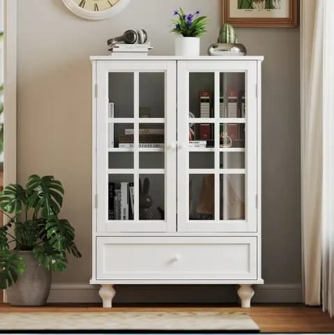 Minimalist White Buffet Cabinet with Double Glass Doors