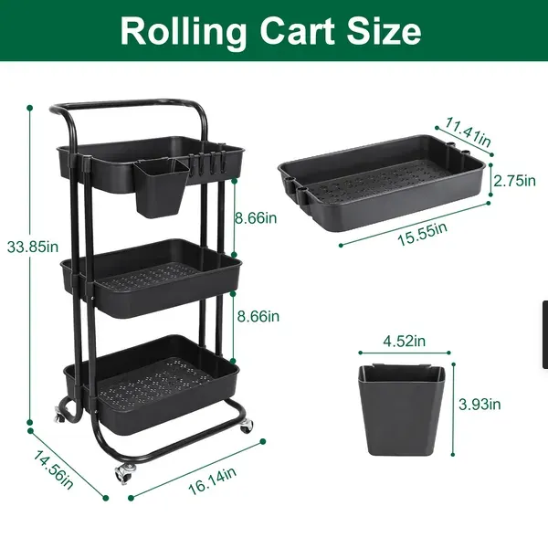 3 Tier Rolling Utility Cart Movable Storage Organizer with Mesh — photo 5