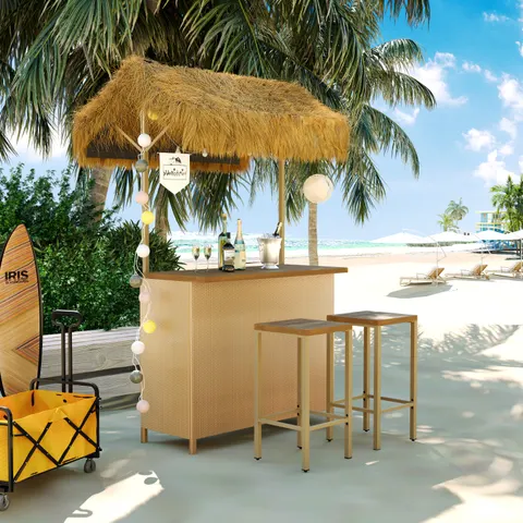Hawaiian-style Bar Height Patio Set with PE Grass Canopy