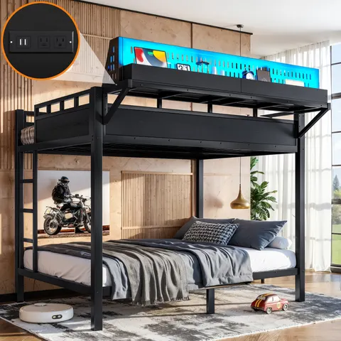 Full Over Full Size Metal Bunk Bed with Storage Shelves