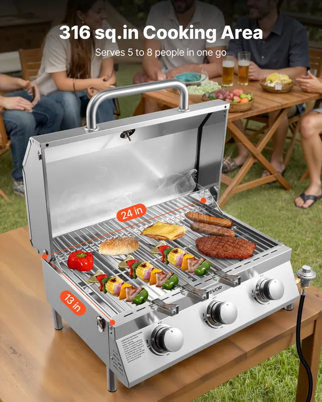 Tabletop Gas Grill — 3-Burner Stainless Steel Portable Propane — photo 3