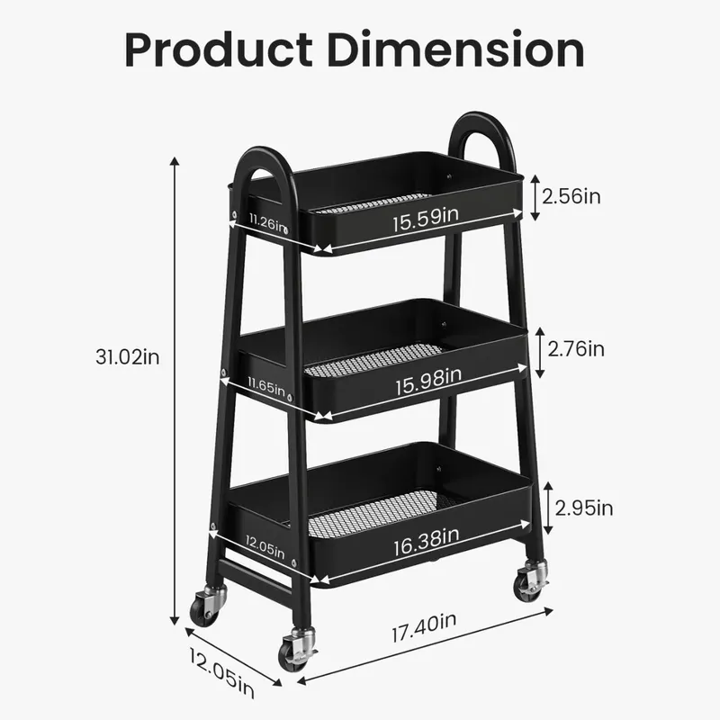 3-Tier Rolling Cart — Metal Utility Storage Cart — photo 4