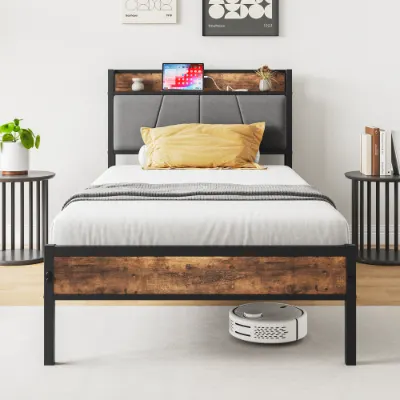 Twin Size Bed Frame — Storage Headboard with Charging Station