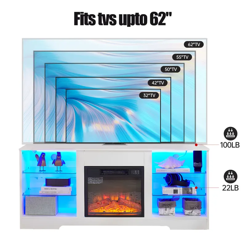 TV Stand Electric Fireplace TV Stand with Glass Shelves β photo 4